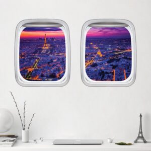 3D Wandtattoo Doppelfenster Flugzeug Paris bei Nacht