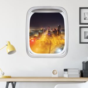 3D Wandtattoo Fenster Flugzeug Dubai bei Nacht im Nebel
