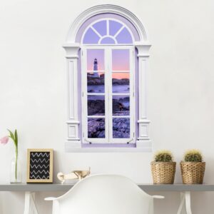 3D Wandtattoo Fenster Mediterran Leuchtturm am Morgen