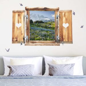 3D Wandtattoo Fenster mit Herz Bergwiese mit Blumen