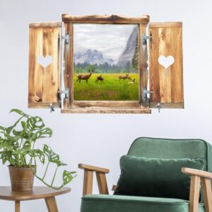 3D Wandtattoo Fenster mit Herz Rehe in den Bergen