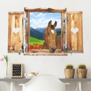 3D Wandtattoo Fenster mit Herz und Pferd Alpenwiese