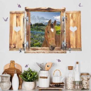 3D Wandtattoo Fenster mit Herz und Pferd Bergwiese mit Blumen