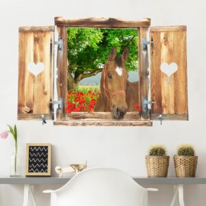 3D Wandtattoo Fenster mit Herz und Pferd Sommerwiese