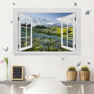 3D Wandtattoo Offenes Fenster Bergwiese mit Blumen vor Mt. Rainier und Schmetterlinge