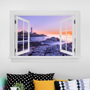 3D Wandtattoo Offenes Fenster Leuchtturm am Morgen