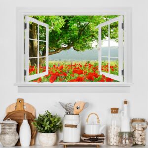 3D Wandtattoo Offenes Fenster Sommerwiese mit Blumenkasten