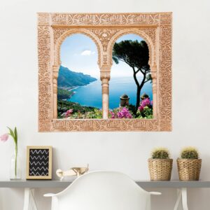 3D Wandtattoo Verziertes Fenster Ausblick vom Garten aufs Meer