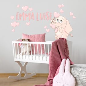Wunschtext-Wandtattoo Kinderzimmer Rosa Babyelefant mit vielen Herzen