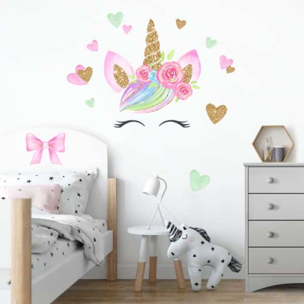 Wandtattoo 17-teilig Aquarell Einhorn Gold Glitzer Blumen