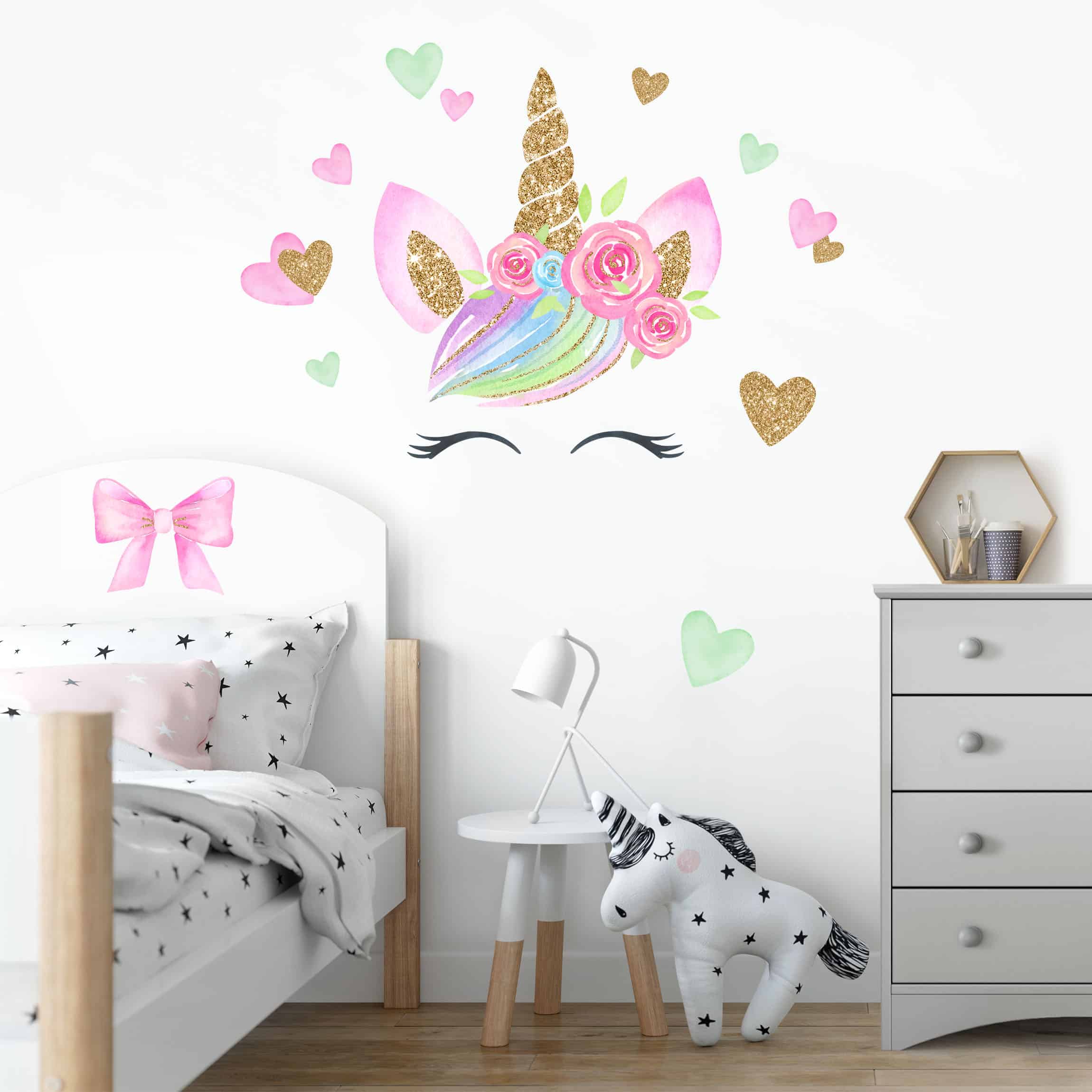 Wandtattoo 17-teilig Aquarell Einhorn Gold Glitzer Blumen