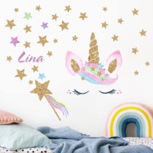 Wandtattoo 32-teilig Aquarell Einhorn Gold Glitzer Sterne