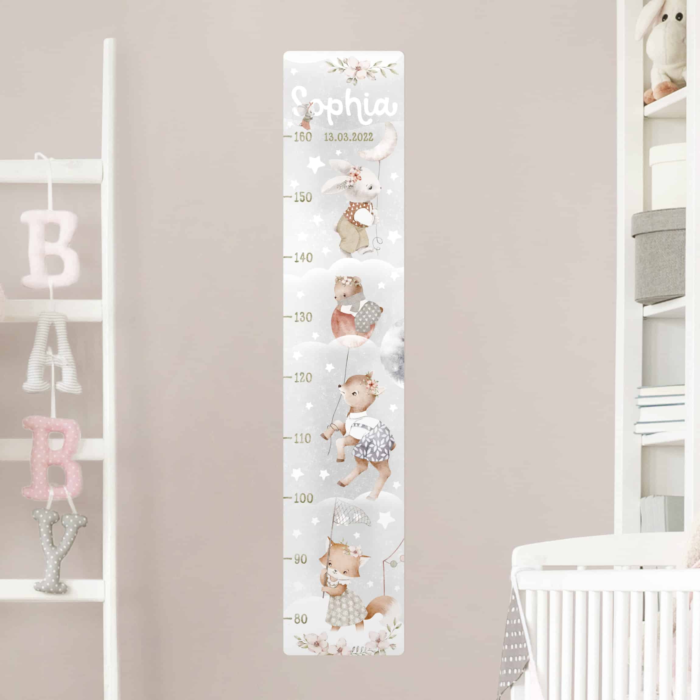 Kindermesslatte Wandtattoo Aquarell Tiere - Bis zu den Sternen mit Wunschname