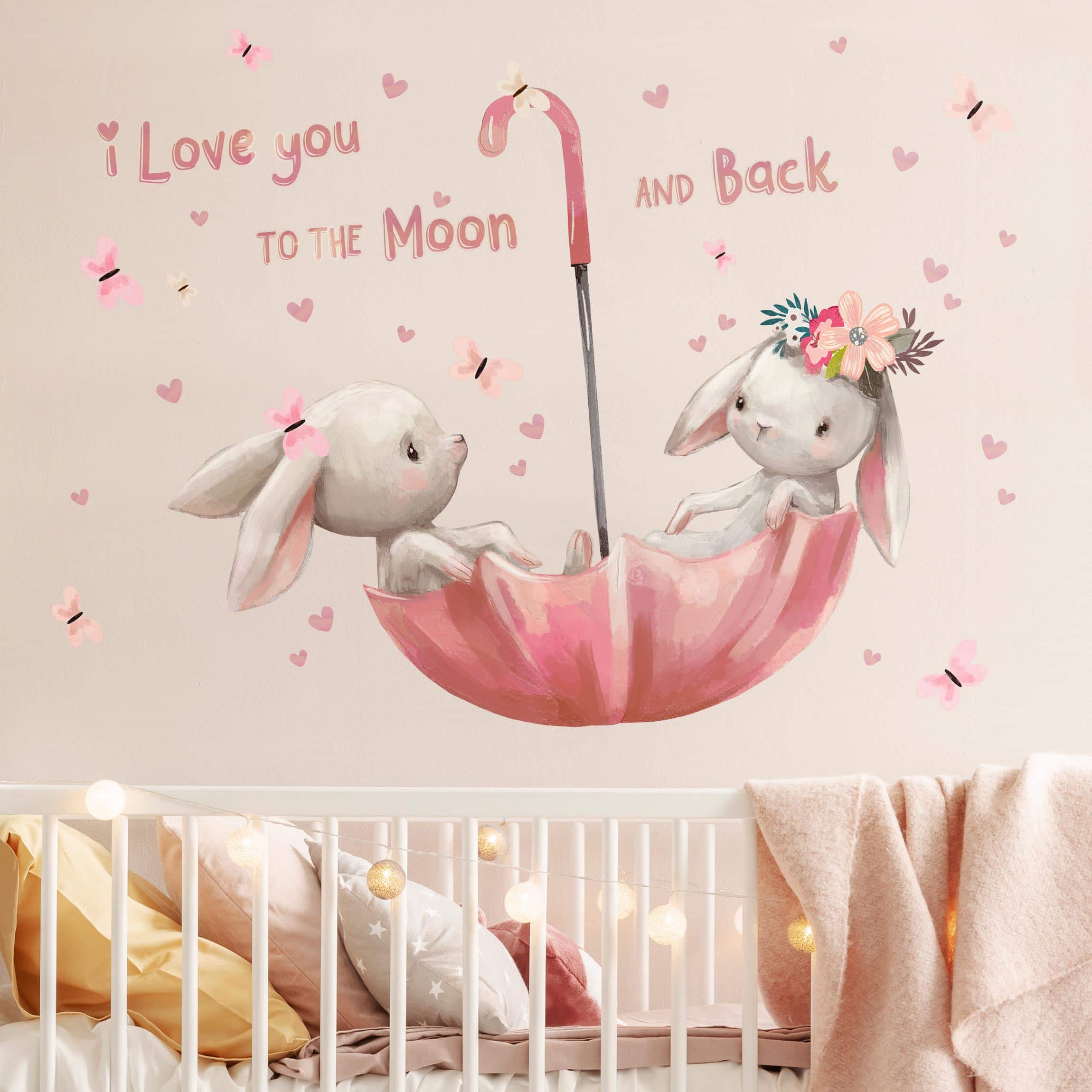 Wandtattoo Bis zum Mond Hasen im Regenschirm
