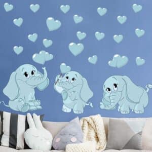 Wandtattoo 26-teilig Drei blaue Elefantenbabies mit Herzen
