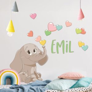 Wunschtext-Wandtattoo Kinderzimmer Regenbogen Elefant mit bunten Herzen