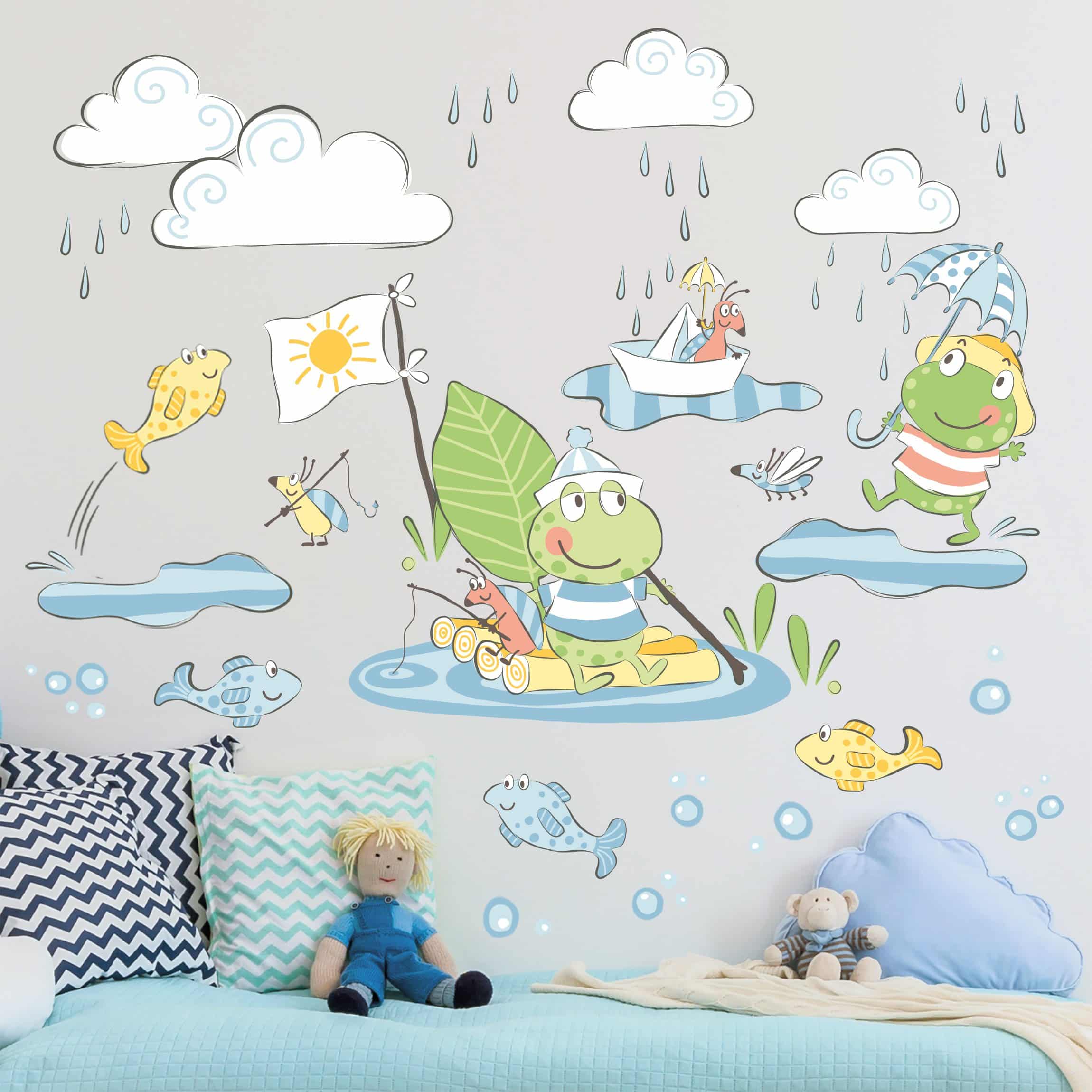 Wandtattoo Kinderzimmer Frösche - Angelspaß im Regen