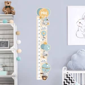 Kindermesslatte Wandtattoo Tiere in Ballons mit Wunschname Blau