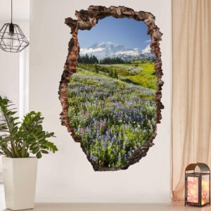 3D Wandtattoo Bergwiese mit roten Blumen vor Mt. Rainier Wanddurchbruch