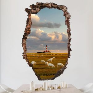 3D Wandtattoo Nordsee Leuchtturm mit Schafsherde