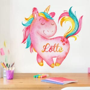 Wunschtext-Wandtattoo Kinderzimmer Einhorn mit Kindername Wunschtext Rosa