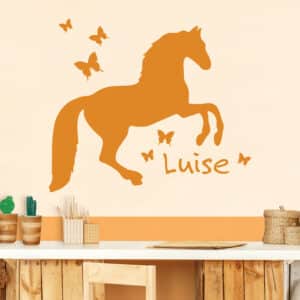 Wunschtext-Wandtattoo Kinderzimmer 8-teilig Wunschtext-Pferd mit Schmetterlingen